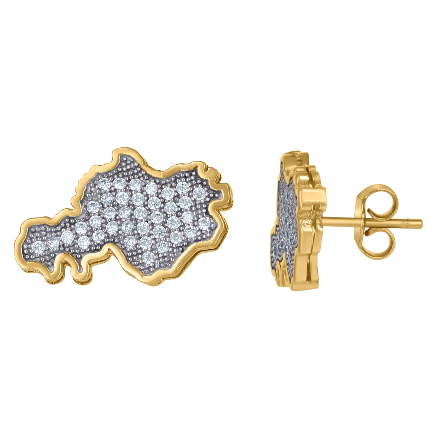 10K Yellow Gold Cubic-Zirconia Mens South America Map 11.3mm X 18.3mm Continent Push Back Studs