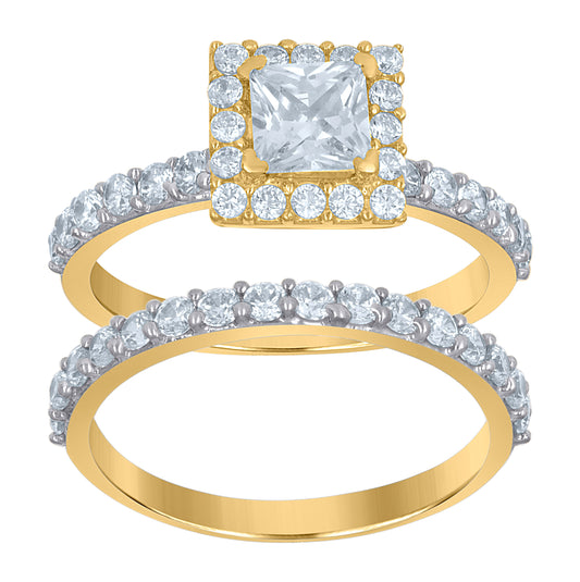 10K Yellow Gold Womens Princess-Cut Cubic Zirconia Halo Bridal Ring Set