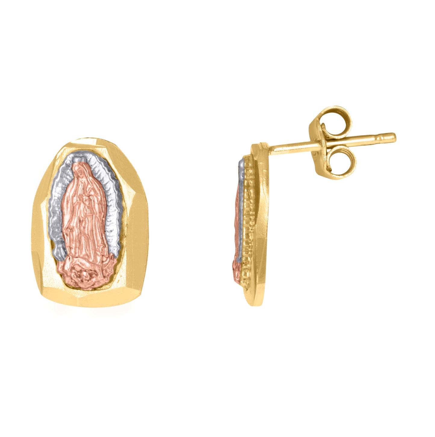 10K Tri-Color Gold Mens Lady Of Guadalupe Religious Stud Earrings
