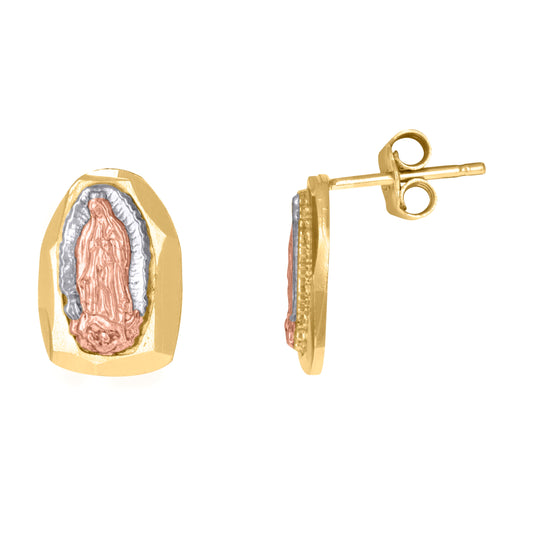 10K Tri-Color Gold Mens Lady Of Guadalupe Religious Stud Earrings