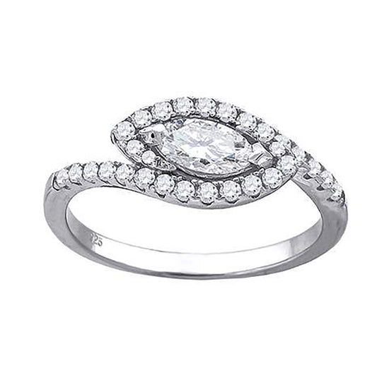 Sterling Silver Womens Marquise Cubic-Zirconia Leaf Motif Fashion Bridal Anniversary Engagement Wedding Ring