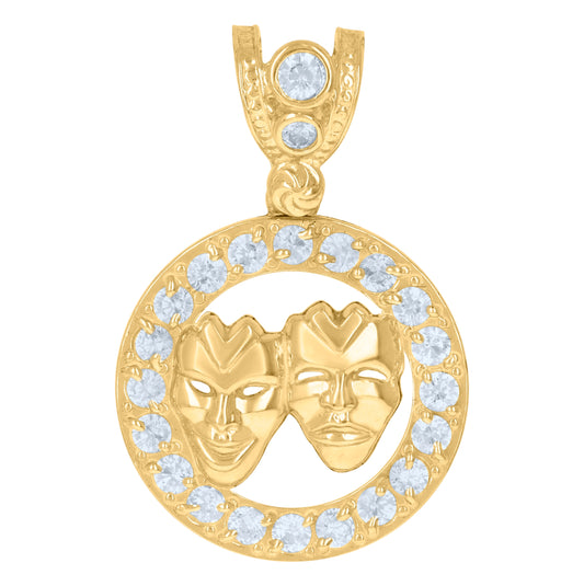 10K Yellow Gold Mens Cubic-Zirconia Comedy Tragedy Mask Fashion Medallion Charm Pendant
