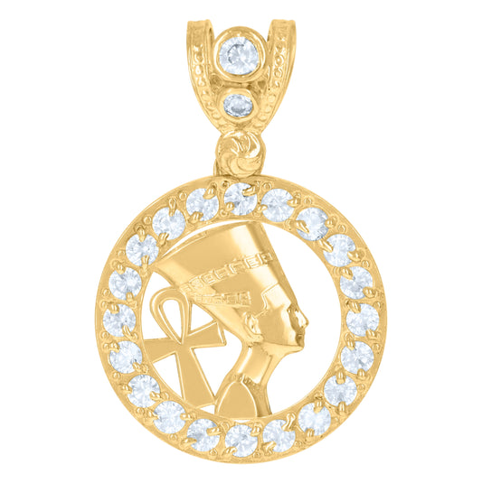 10K Yellow Gold Mens Cubic-Zirconia Egyptian Nefertiti Ankh Charm Pendant