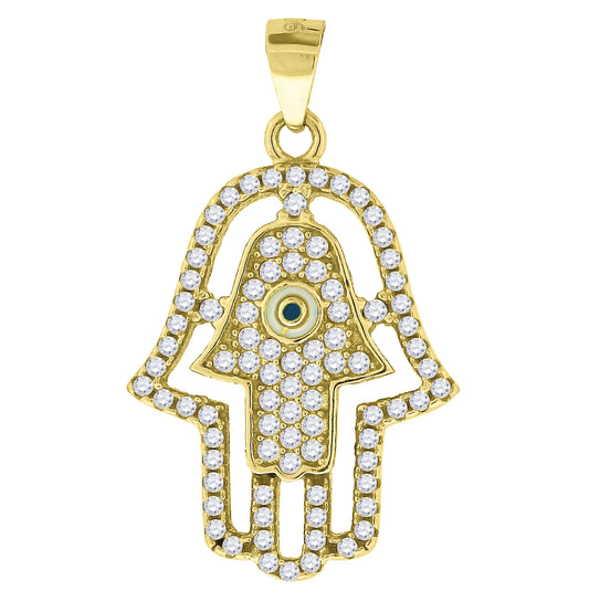 Sterling Silver Yellow-Tone Mens Cubic Zirconia Humsa Religious Charm Pendant