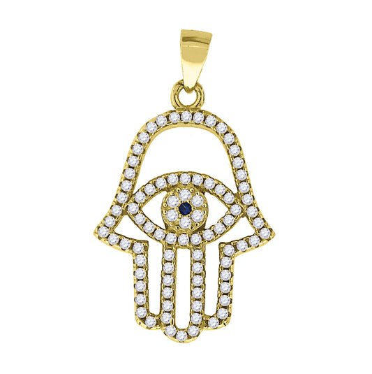 Sterling Silver Yellow-Tone Mens Cubic Zirconia Humsa Religious Charm Pendant