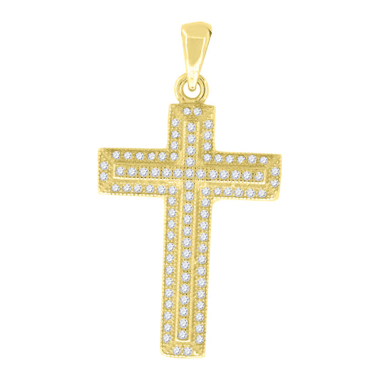 Sterling Silver Yellow-Tone Mens Cubic Zirconia Cross Religious Charm Pendant
