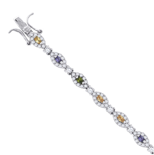 Sterling Silver Womens Multi Color Cubic Zirconia Marquise Link Bracelet