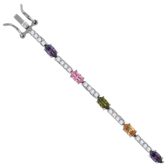 Sterling Silver Womens Multi Color Oval Cubic Zirconia Link Bracelet