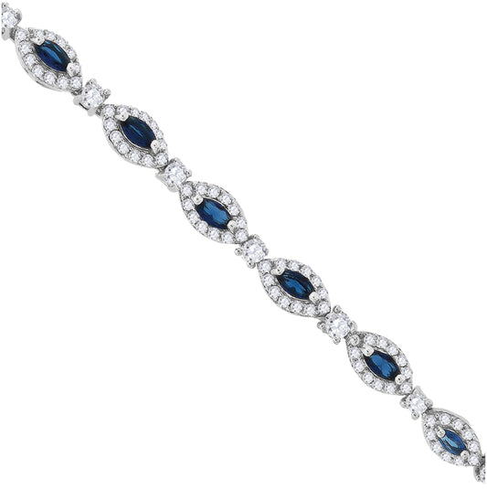 Sterling Silver Womens Blue Marquise Cubic Zirconia Link Bracelet