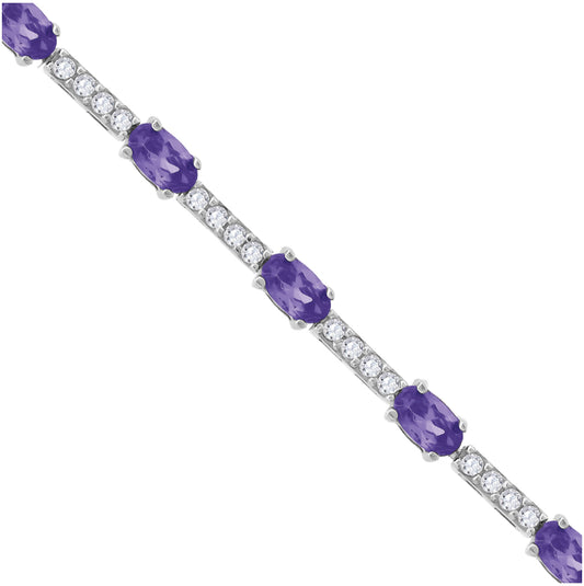 Sterling Silver Womens Purple Oval Cubic Zirconia Link Bracelet