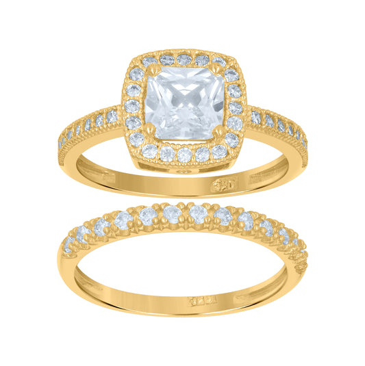 10K Two-Tone Gold Womens Princess-Cut Cubic Zirconia Halo Bridal Ring Set