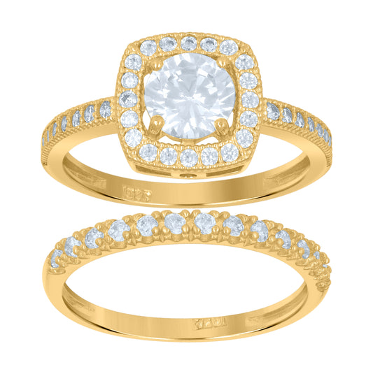 10K Two-Tone Gold Womens Princess-Cut Cubic Zirconia Halo Bridal Ring Set