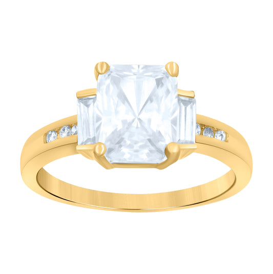 10K Yellow Gold Women Baguette/Emerald-Cut Round Cubic-Zirconia Fashion Ring