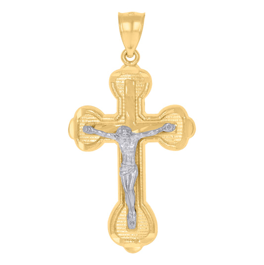 10K Yellow Gold Two-Tone Diamond-Cut Mens Cross Crucifix Religious Charm Pendant
