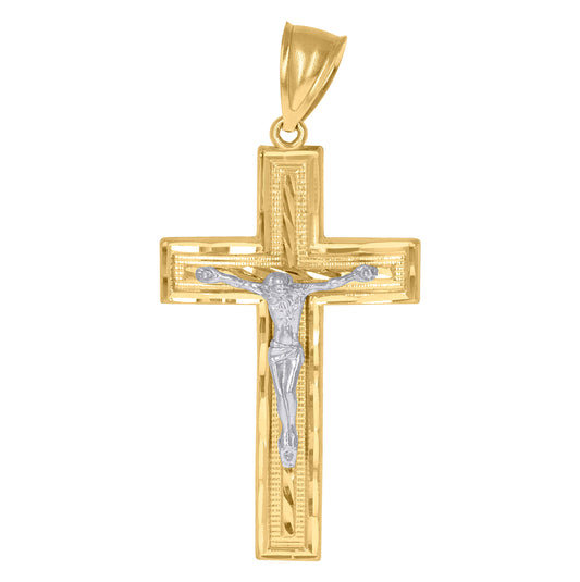 10K Two-Tone Gold Mens Women Diamond-Cut Crucifix Cross Religious Charm Pendant