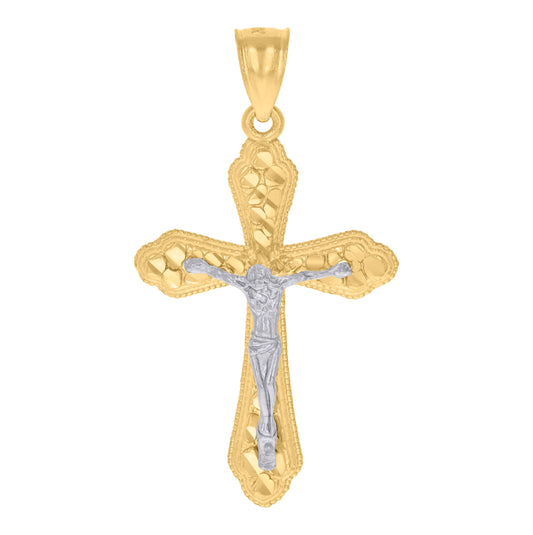 10K Gold Two-Tone Diamond-Cut Mens Cross Crucifix Religious Charm Pendant