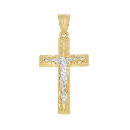 10K Yellow Gold Two-Tone Diamond-Cut Mens Cross Crucifix Religious Charm Pendant