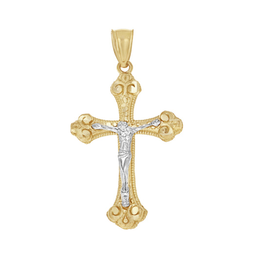 10K Two-Tone Gold Mens Women Nugget Textured Crucifix Cross Religious Charm Pendant