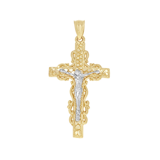 10K Gold Two-Tone Diamond-Cut Mens Cross Crucifix Religious Charm Pendant