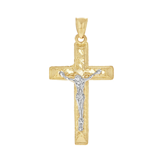 10K Two-Tone Gold Mens Women Nugget Textured Crucifix Cross Religious Charm Pendant