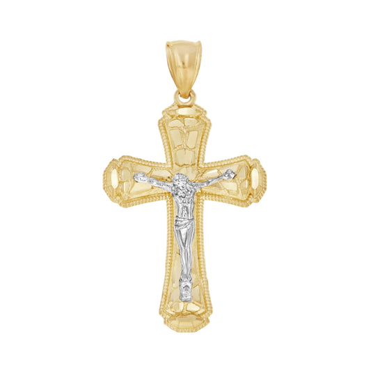10K Gold Two-Tone Diamond-Cut Mens Cross Crucifix Religious Charm Pendant