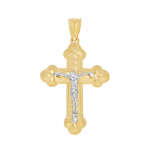 10K Gold Two-Tone Diamond-Cut Mens Cross Crucifix Religious Charm Pendant