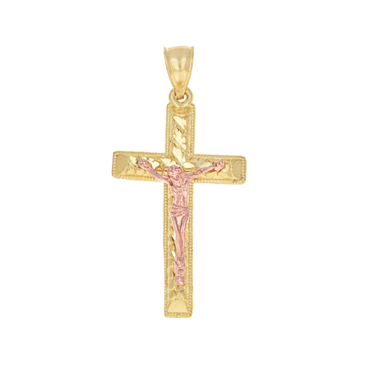 10K Gold Two-Tone Diamond-Cut Mens Cross Crucifix Religious Charm Pendant
