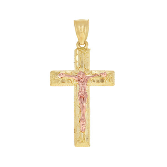 10K Two-Tone Gold Mens Women Nugget Textured Crucifix Cross Religious Charm Pendant