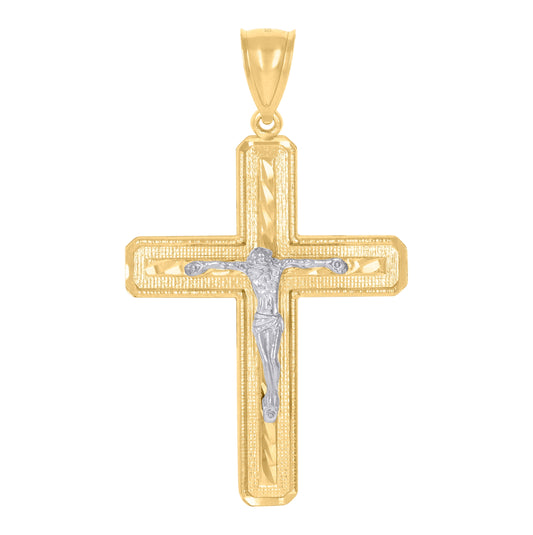 10K Gold Two-Tone Diamond-Cut Mens Cross Crucifix Religious Charm Pendant
