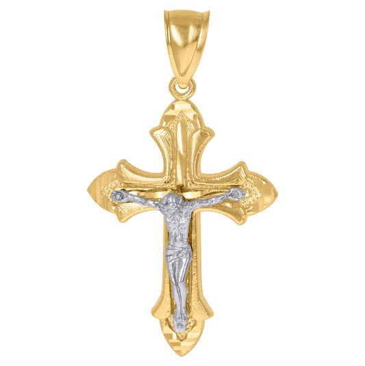 10K Two-Tone Gold Mens Women Diamond-Cut Crucifix Cross Religious Charm Pendant