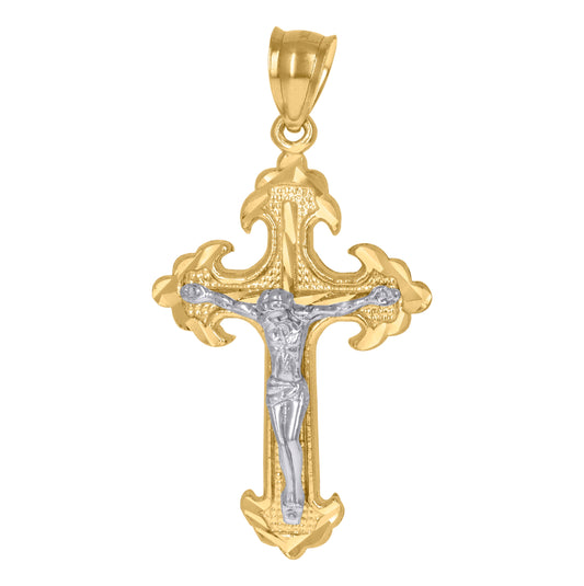 10K Gold Two-Tone Diamond-Cut Mens Cross Crucifix Religious Charm Pendant