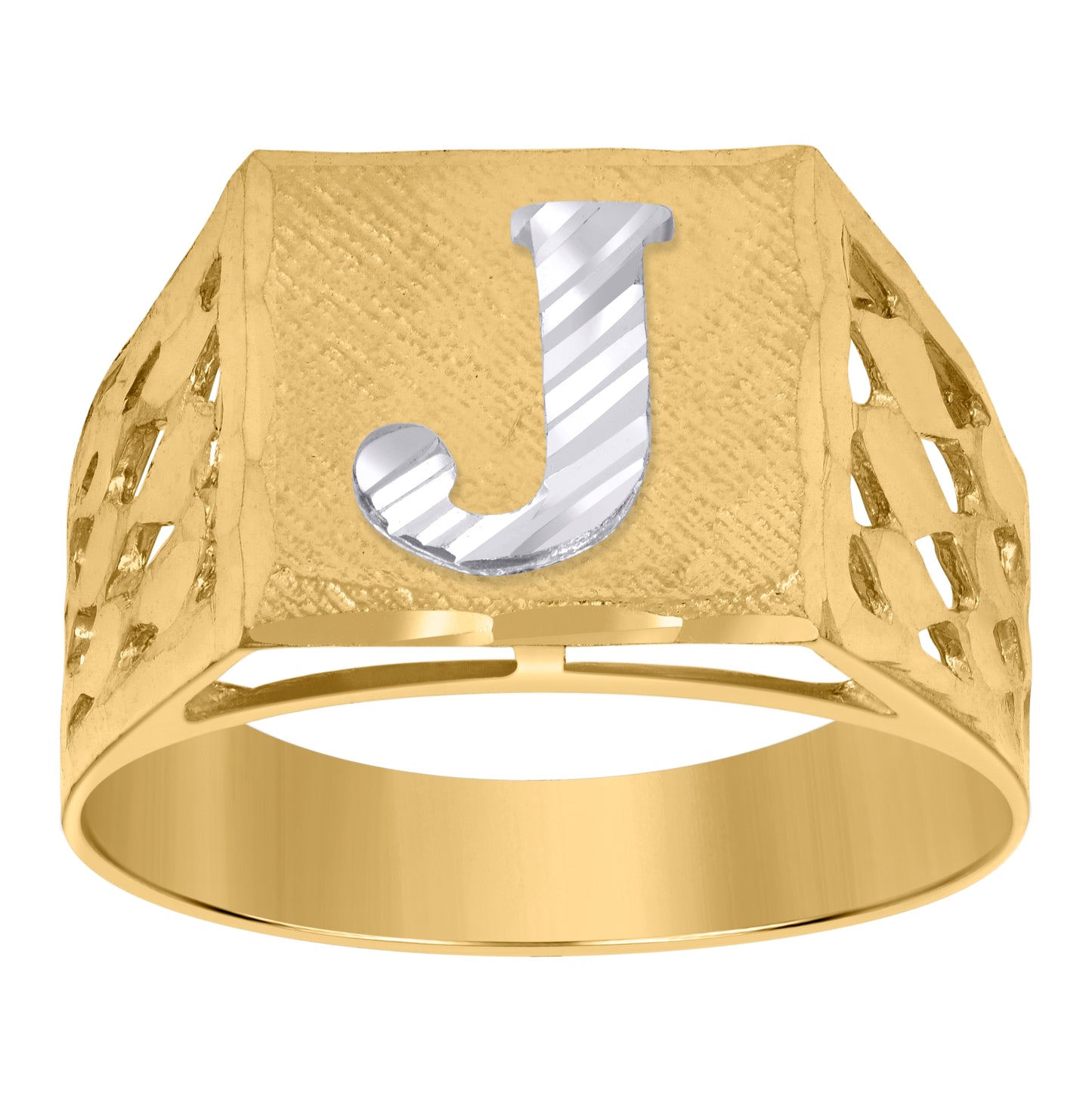 10K Two-Tone Gold Mens Diamond-Cut Textured Initial Letter Band Ring