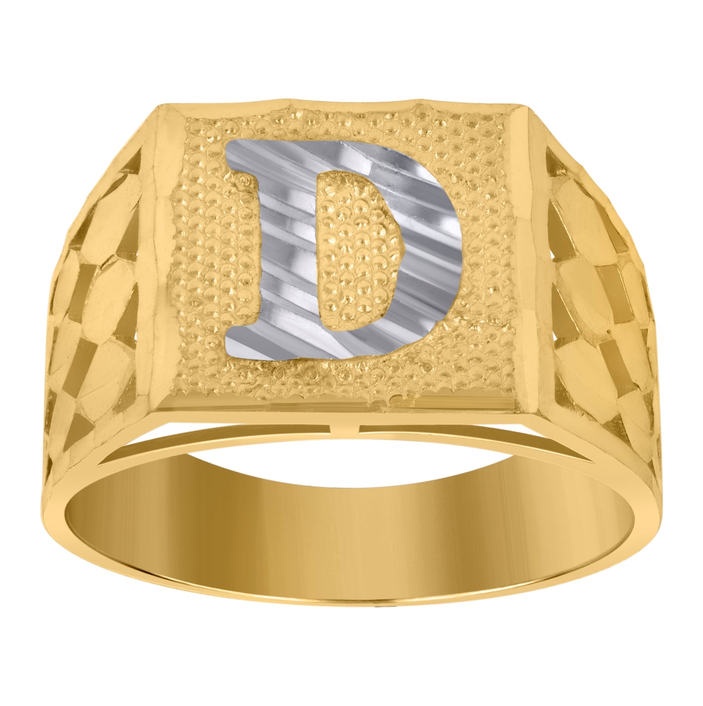 10K Two-Tone Gold Mens Diamond-Cut Textured Initial Letter Band Ring
