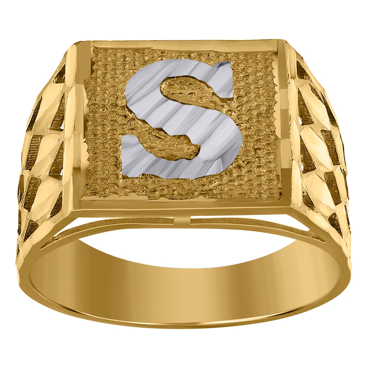 10K Two-Tone Gold Mens Diamond-Cut Textured Initial Letter Band Ring