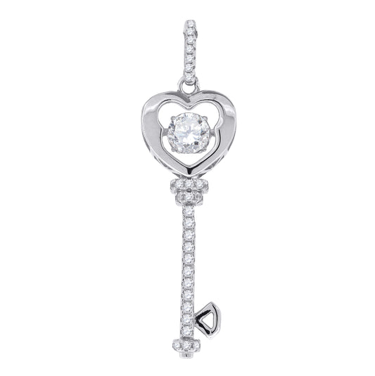 Sterling Silver Womens Sparkling Cubic Zirconia In Heart Key Pendant Charm