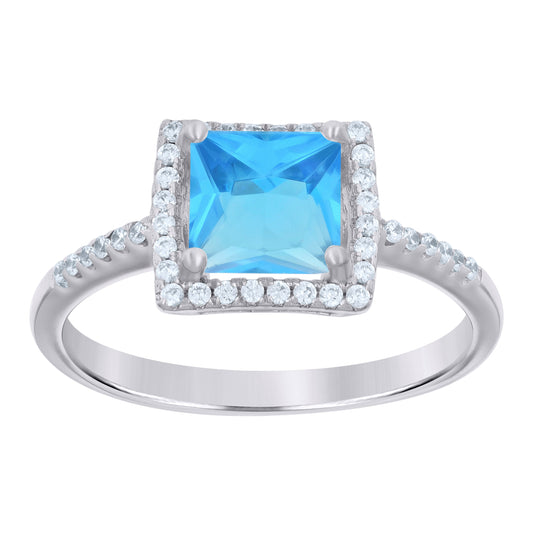 Sterling Silver Womens Aqua Princess Cut Cubic Zirconia Fashion Ring Size 6