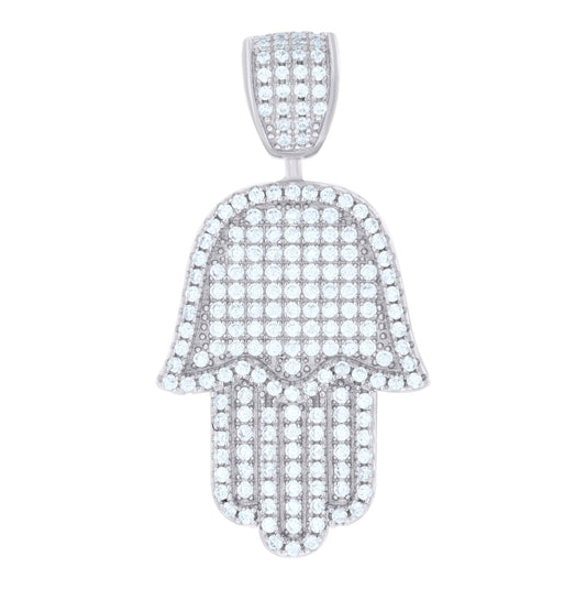 Sterling Silver Mens Cubic Zirconia Religious Hamsa Charm Pendant