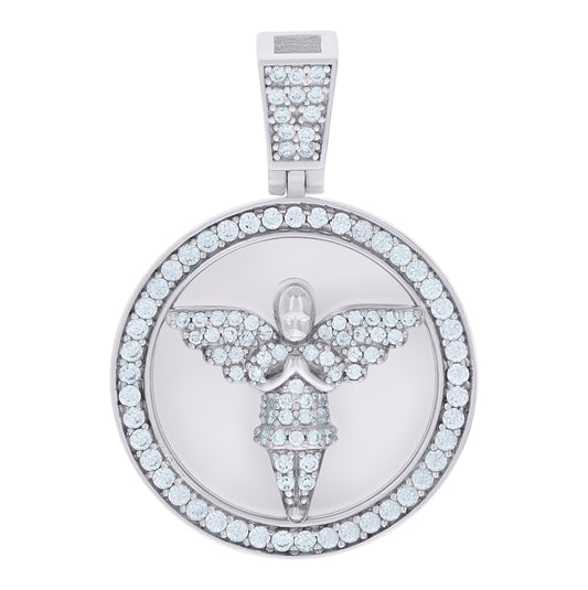 Sterling Silver Mens Cubic-Zirconia Medallion Angel Religious Charm Pendant