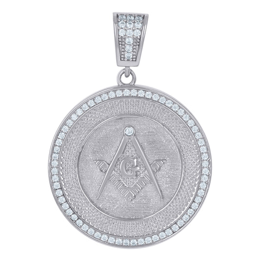 Sterling Silver Mens Cubic-Zirconia Masonic Medallion Symbol Religious Charm Pendant