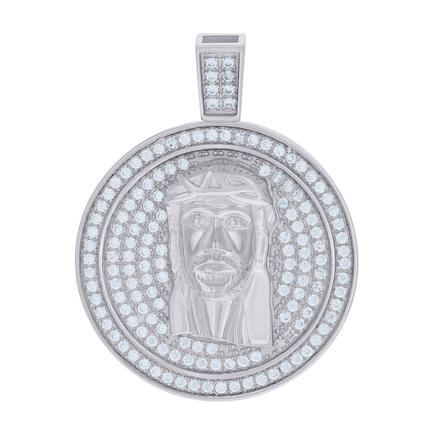 Sterling Silver Mens Cubic-Zirconia Medallion Jesus Religious Charm Pendant