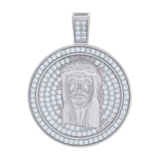 Sterling Silver Mens Cubic-Zirconia Medallion Jesus Religious Charm Pendant