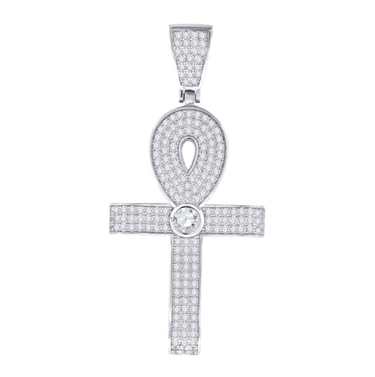 Sterling Silver Unisex Cubic Zirconia Ankh Cross Religious Charm Pendant