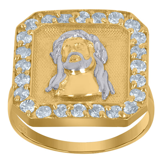 10K Two-Tone Gold Mens Cubic Zirconia Jesus Religious Ring