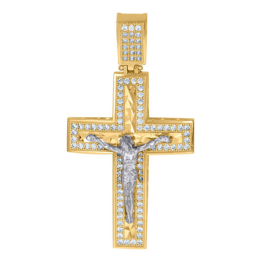 10K Two-Tone Gold Unisex Yellow Cubic-Zirconia Cubic Zirconia Crucifix Cross Religious Charm Pendant