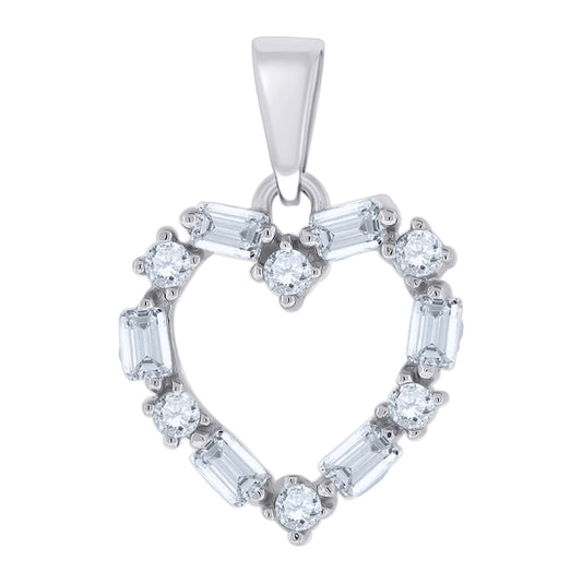 Sterling Silver Womens Baguette Cubic-Zirconia Heart Charm Pendant