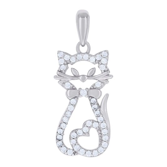 Sterling Silver Womens Cubic Zirconia Cat With Heart Charm Pendant