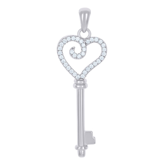 Sterling Silver Womens Cubic-Zirconia Heart Key Charm Pendant