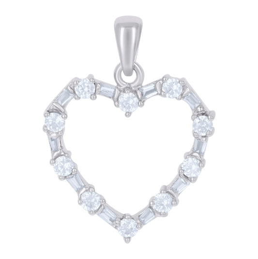 Sterling Silver Womens Baguette Cubic-Zirconia Heart Charm Pendant
