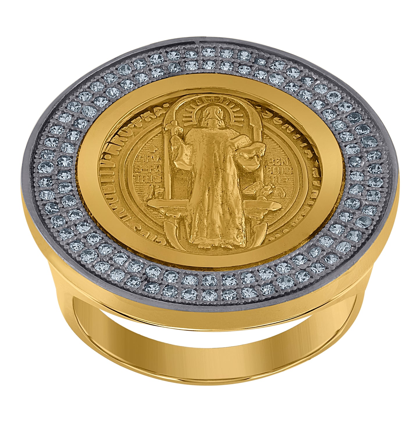 10K Two-Tone Gold Womens Cubic Zirconia Saint Benedict Religious Ring