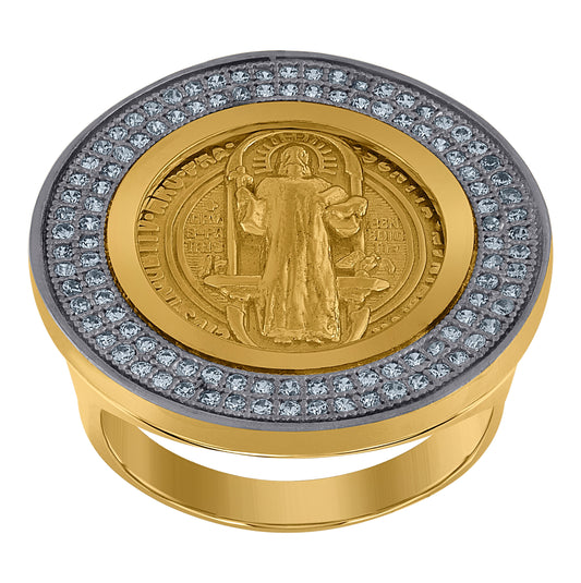 10K Two-Tone Gold Womens Cubic Zirconia Saint Benedict Religious Ring
